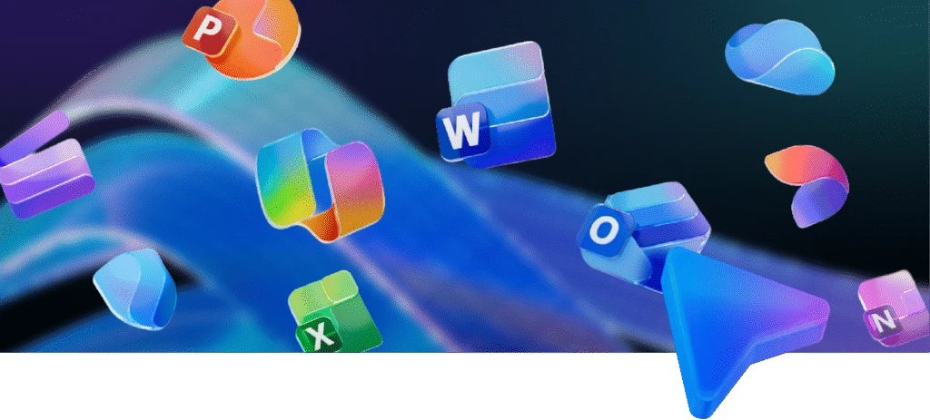 A blue background with Microsoft product icons, including: Microsoft Word, Microsoft Outlook, Microsoft Excel, Microsoft PowerPoint, Microsoft Copilot, and more