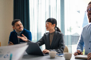 Businesswoman leading a discussion in a meeting.