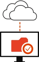 clouds with a line connecting them to a computer monitor showing a folder icon and a checkmark