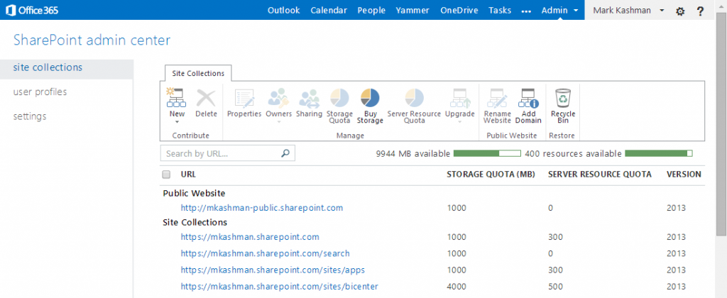 When you’re in Simple mode in the SharePoint Online admin center, the left-hand navigation shows only site collections, user profiles, and settings.