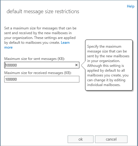 Default message size restrictions editor block where maximum size for sent and received messages can be set.