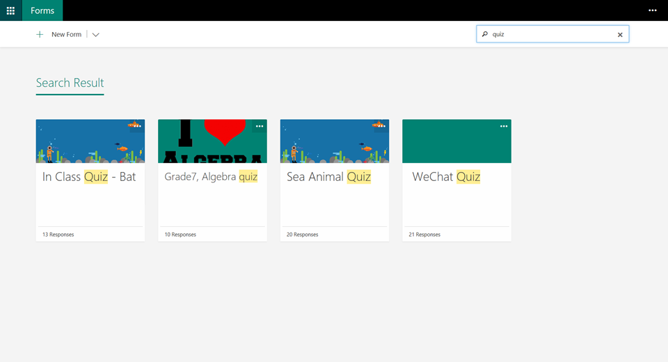 Image shows a Forms portal page with the search results for forms with “quiz” in the title.