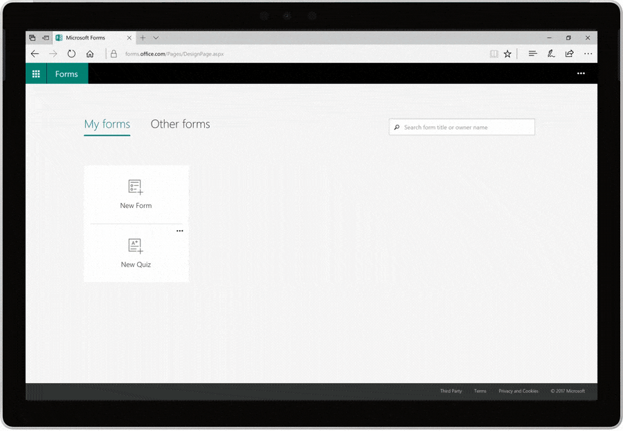 A customer satisfaction survey is being shown being created and shared with Microsoft Forms. First, questions are added with response options. Then a theme is chosen before she Share pane is selected, showing all the options for sharing the survey.