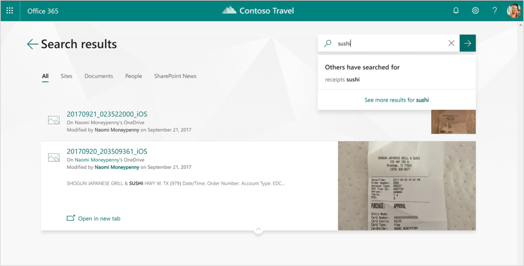 A screenshot displays the search results of a search for a sushi receipt in Office 365.