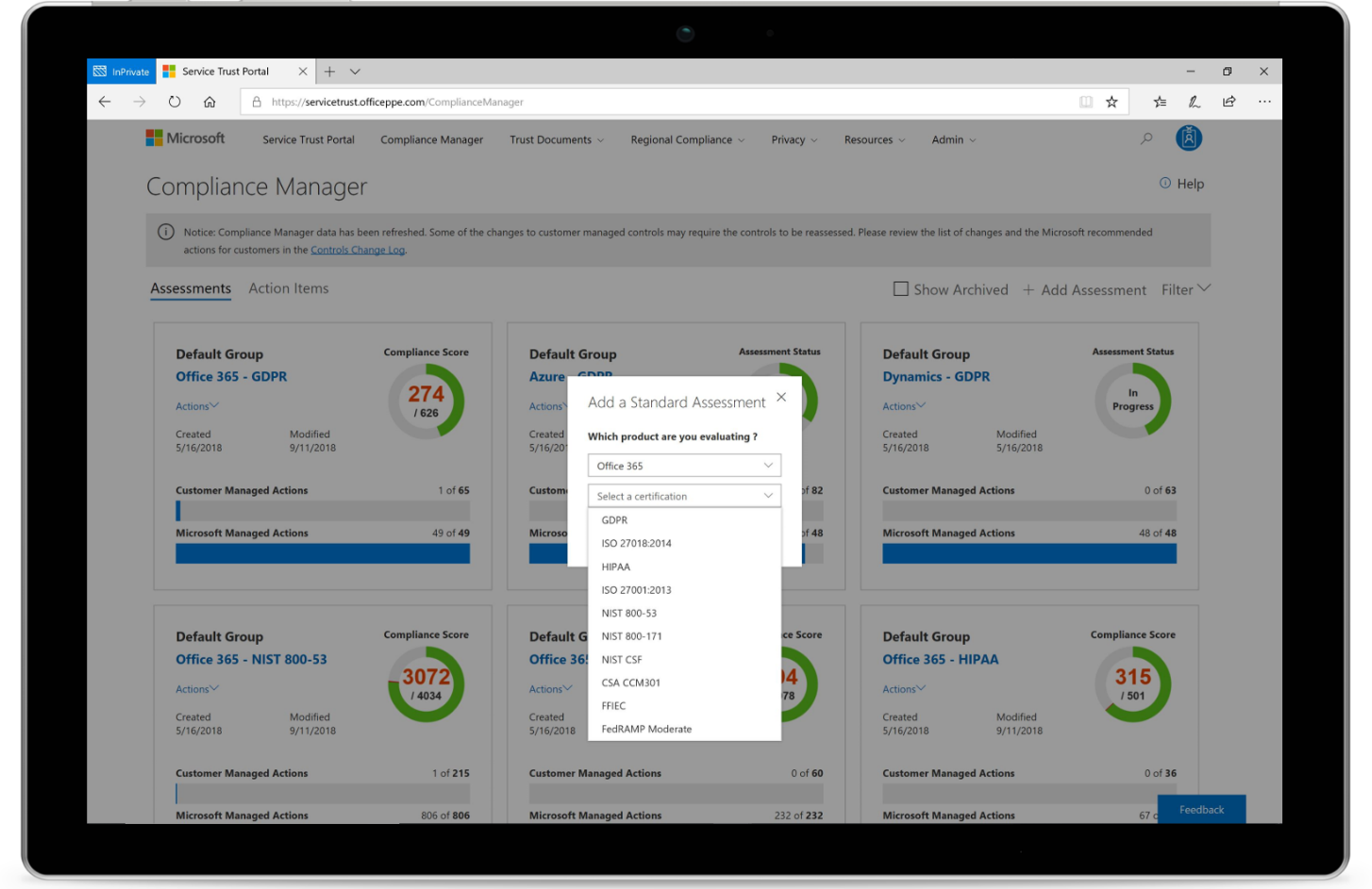 Image shows the Compliance Manager on a tablet.