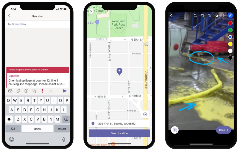 Image of three phones displaying urgent messaging, location sharing, and image annotations in Teams.