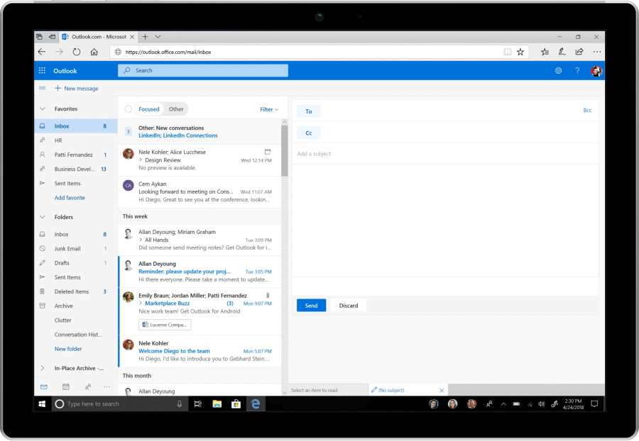 Animated image showing a user finding LinkedIn profile information in Outlook on the web.