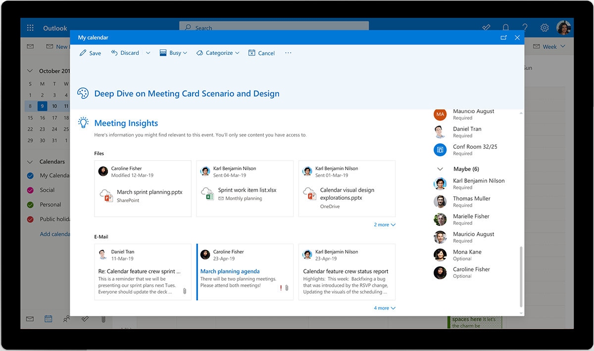 Image showing a Deep Dive on a Meeting Card in Outlook My calendar.