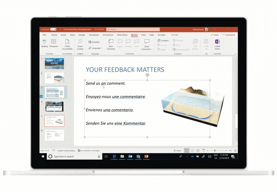 Animated screenshot of multi-language support utilized on a Microsoft PowerPoint slide.