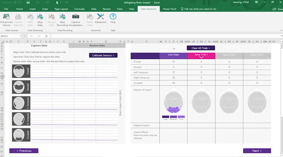 Animated screenshot of a brain impact workbook using Data Streamer in Excel Animated screenshot of a brain impact workbook using Data Streamer in Excel