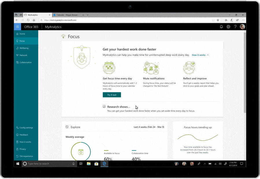 MyAnalytics Dashboard with Focus tab selected. User clicks “Try it out” to get started and has book focus time automatically every day. Outlook calendar shows focus time slots in green.