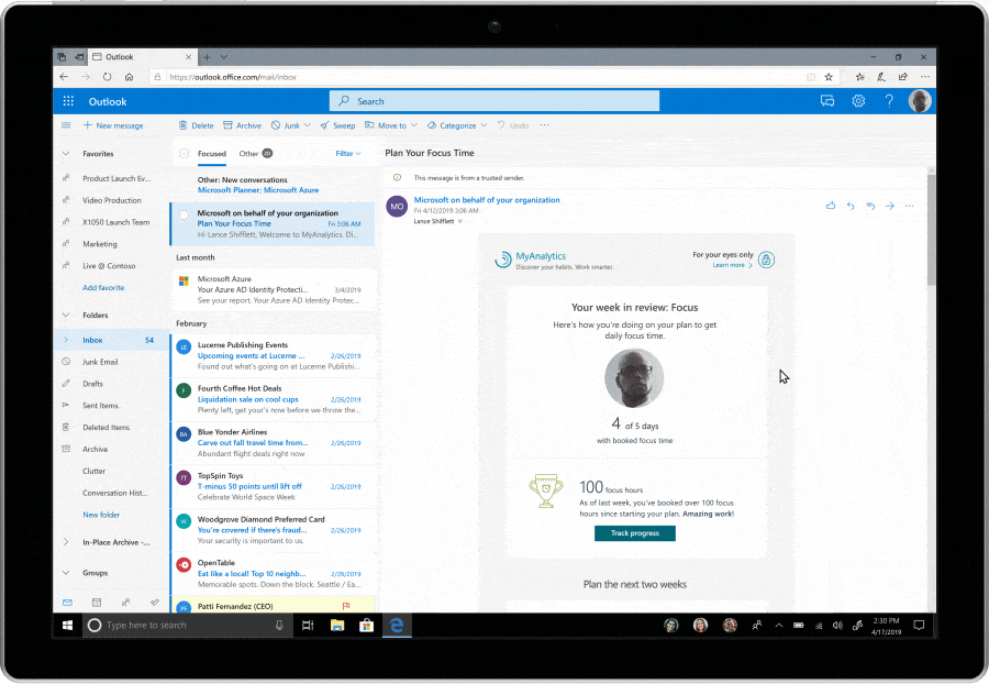 Email digest shows your week in review, calling out number of days with booked focus time. Also helps plan the next two weeks, highlighting days with no focus times or conflicts.