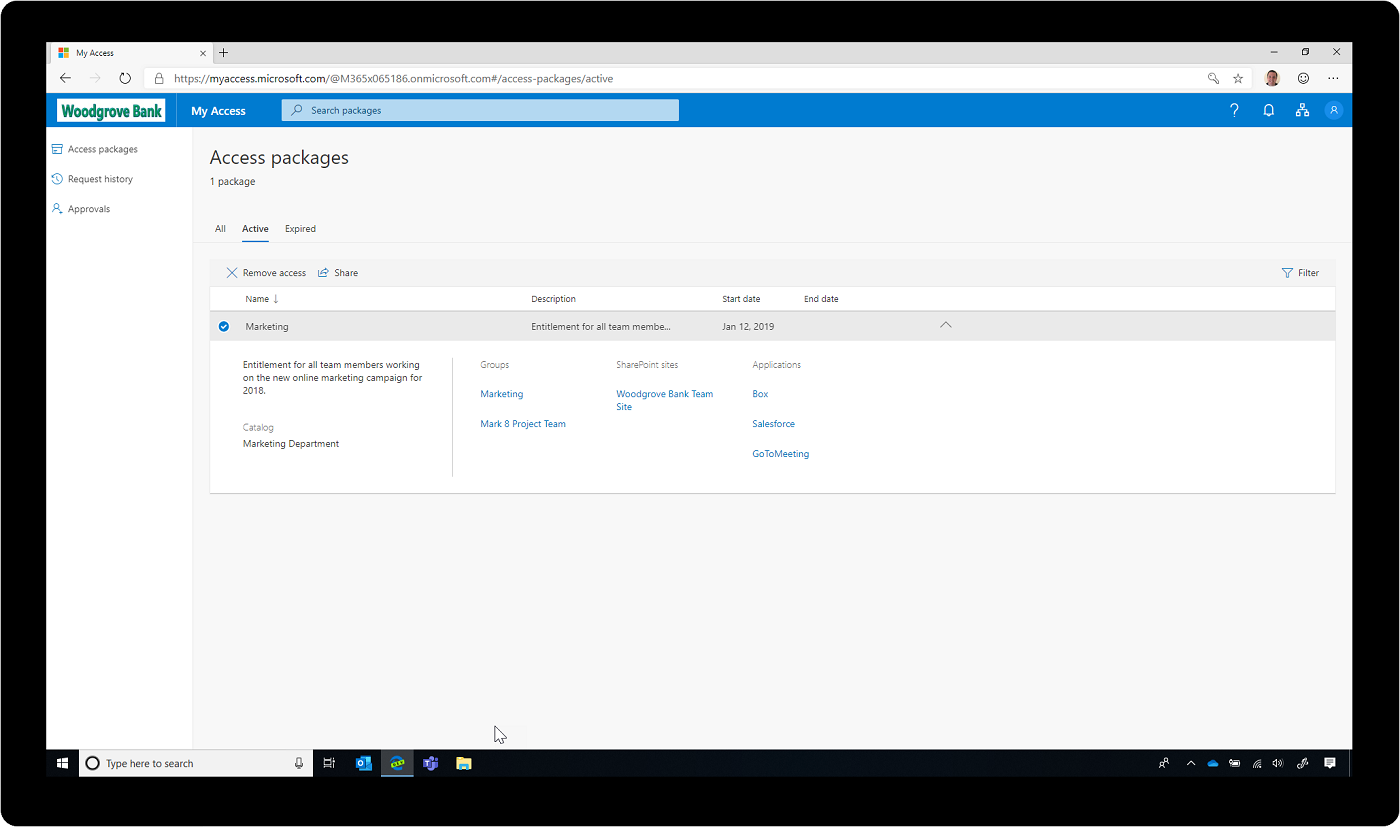 Screenshot of access packages in Azure Active Directory. Screenshot of access packages in Azure Active Directory.