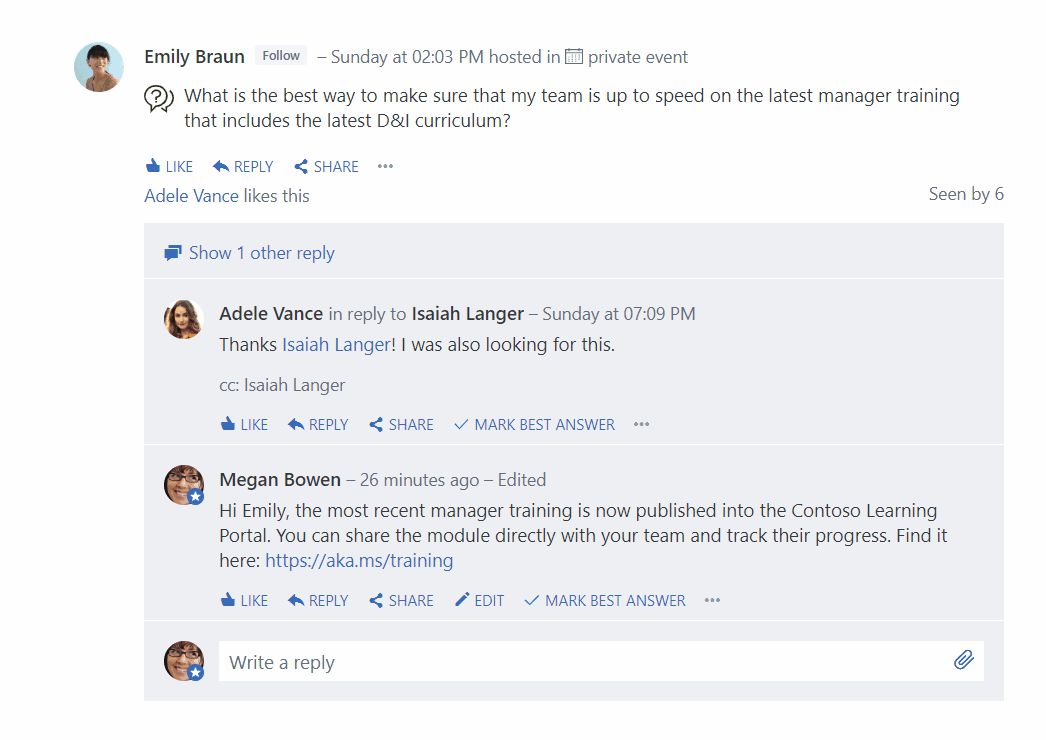 Animated image portraying Yammer question and answer functionality. A cursor clicks "mark best answer" on a person's reply. Animated image portraying Yammer question and answer functionality. A cursor clicks "mark best answer" on a person's reply.