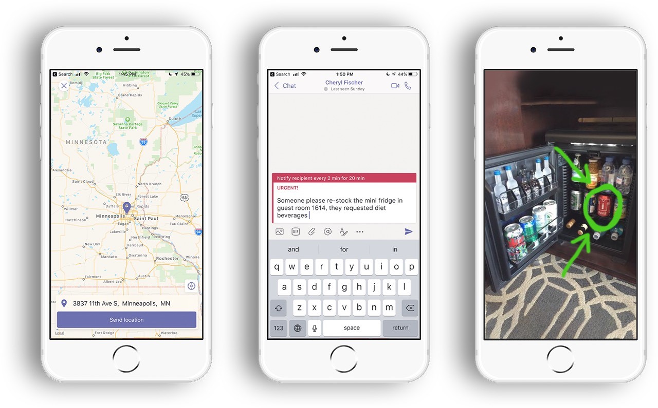 Image of three phones side by side showing Microsoft Teams in action. One phone shows a map, another an urgent alert, another a picture of a minifridge, with a can circled.