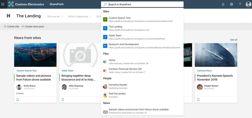 Image showing Microsoft Search used in SharePoint. Search suggests sites, files, people, and news for the user.
