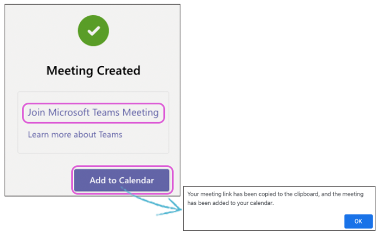 Image showing a prompt to add a Microsoft Teams meeting to the Teams Calendar.