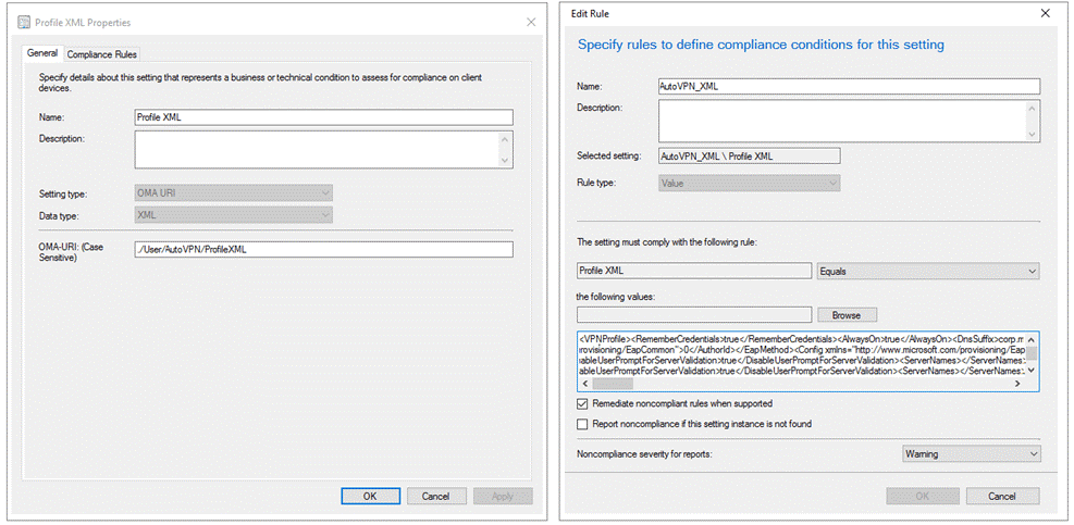 Image showing a Profile XML being created and the OMA-URI settings being edited, to create a connection profile in System Center Configuration Manager.