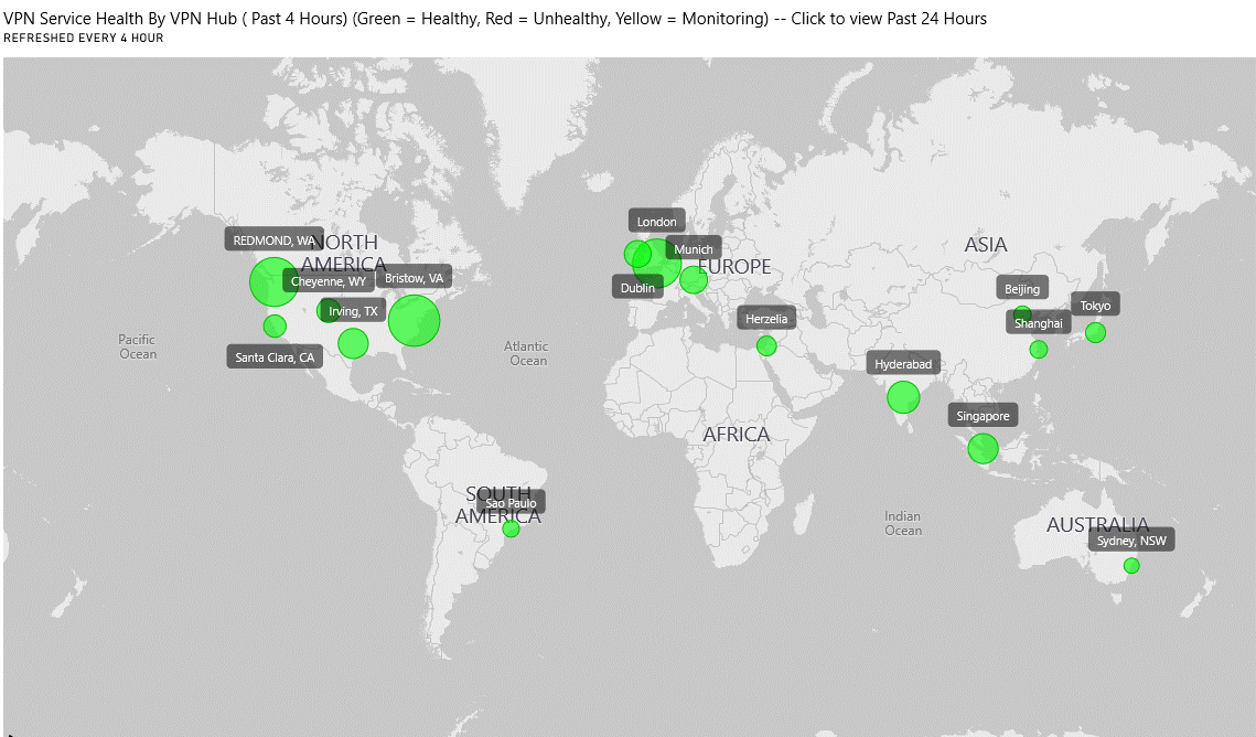Image showing a global VPN status dashboard with all locations showing green for "healthy."