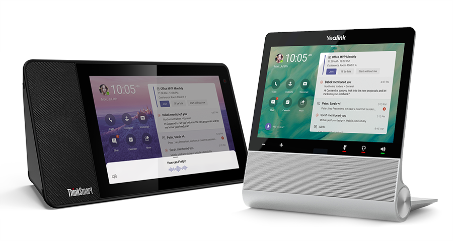 An image of with Cortana built-in, the Lenovo ThinkSmart View and Yealink will be delivering the first Microsoft Teams displays in the U. S. later this year.