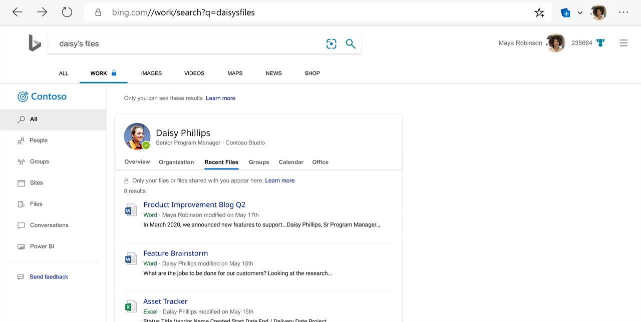 An image of Files vVew – Get right back to the file you were working on or see files that co-workers have shared with you.mage of how Microsoft Edge displays