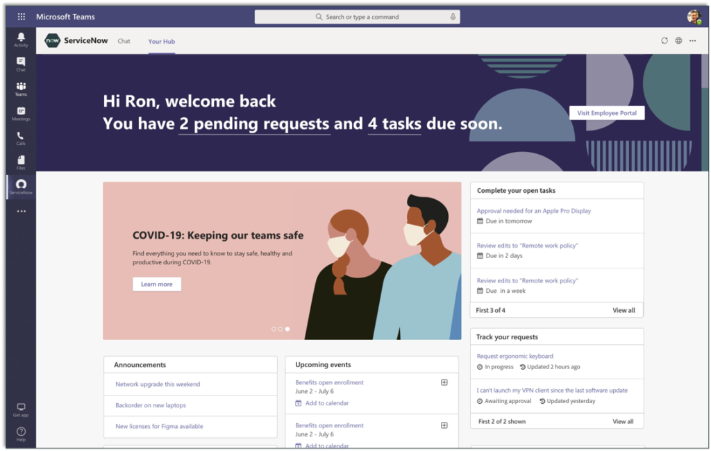 Image of upcoming new ServiceNow Virtual Agent app experience in Teams