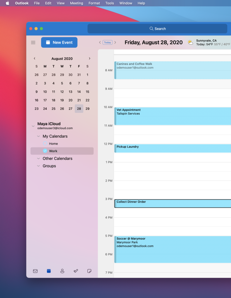 Screenshot of Microsoft Outlook calendars syncing on a Mac computer