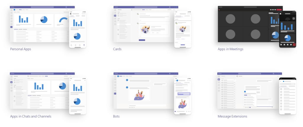 Image displaying desktop and mobile renderings of the different capabilities and entry points for Teams apps.