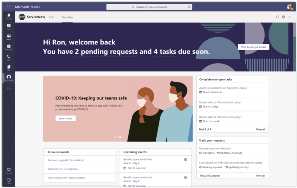 Image displaying the ServiceNow ‘Hub’ tab showing all open pending requests and tasks in an individuals queue.