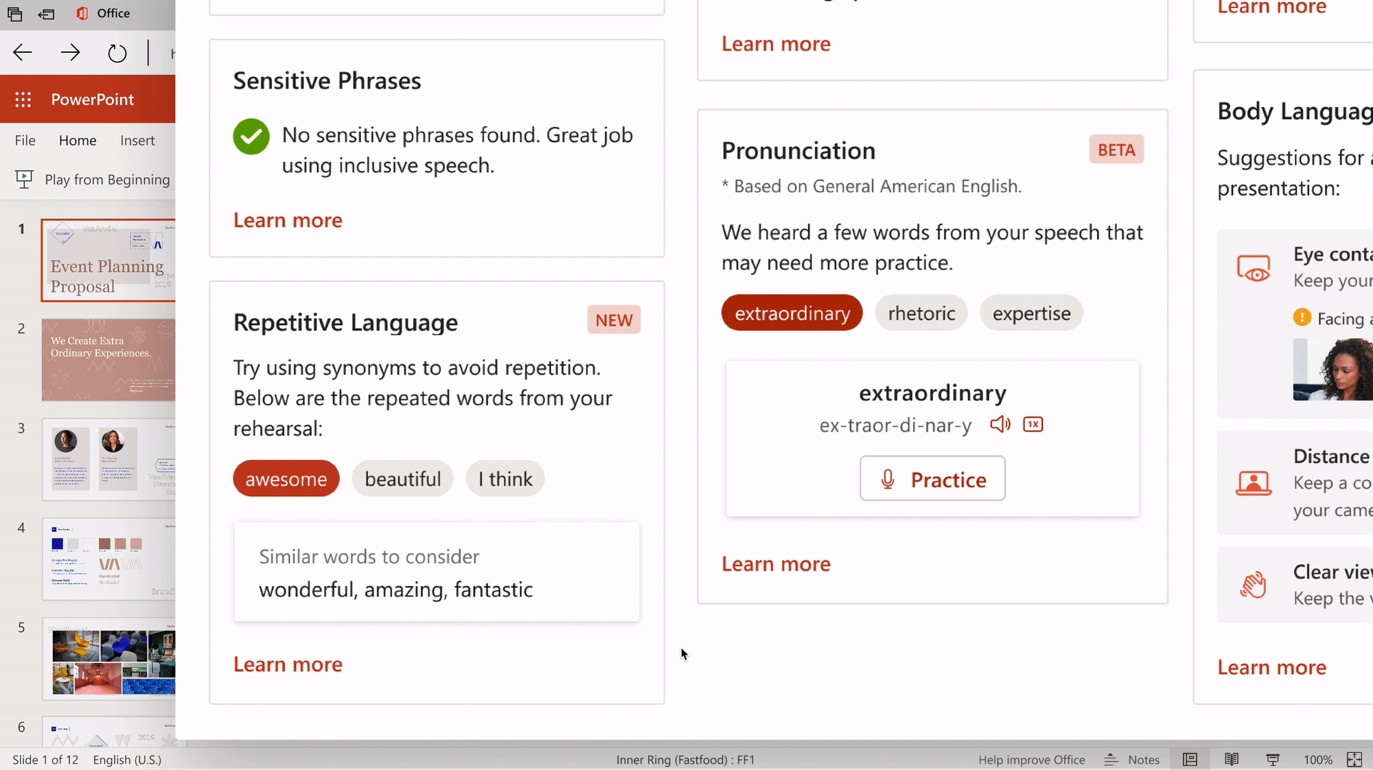 Identifying Repetitive language with Presenter Coach on PowerPoint for Web