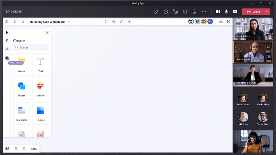 GIF showing Microsoft Teams Whiteboard in action, with multiple people video chatting