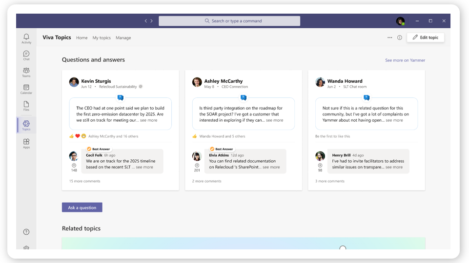Viva Topics page shows questions and answers from the community.