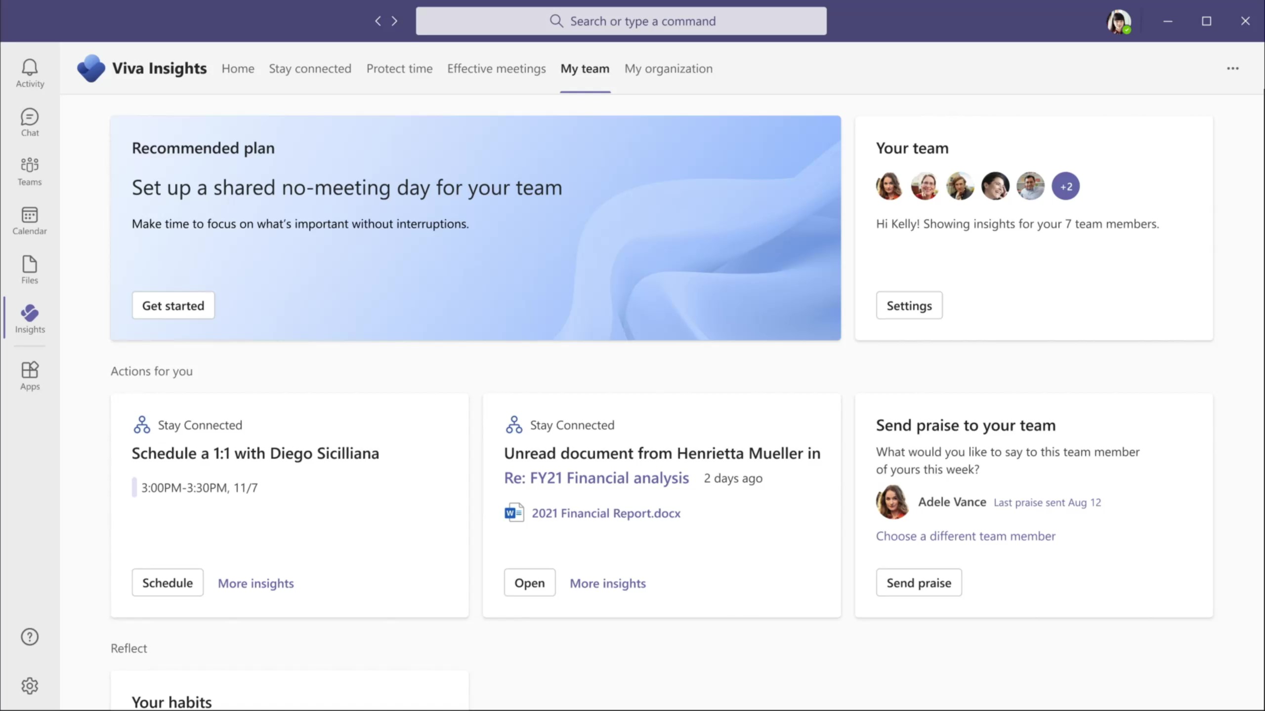 Screen shot of dashboard with insights, what you do well and meeting category insights.
