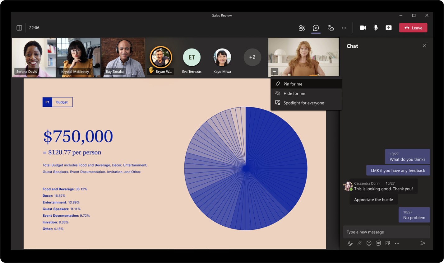 Teams meeting with menu to pin or hide own video from view.