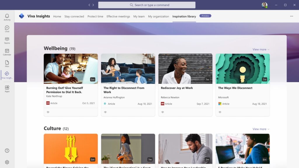 The new Viva Insights Inspiration library, available in preview through the Viva Insights app in Microsoft Teams.