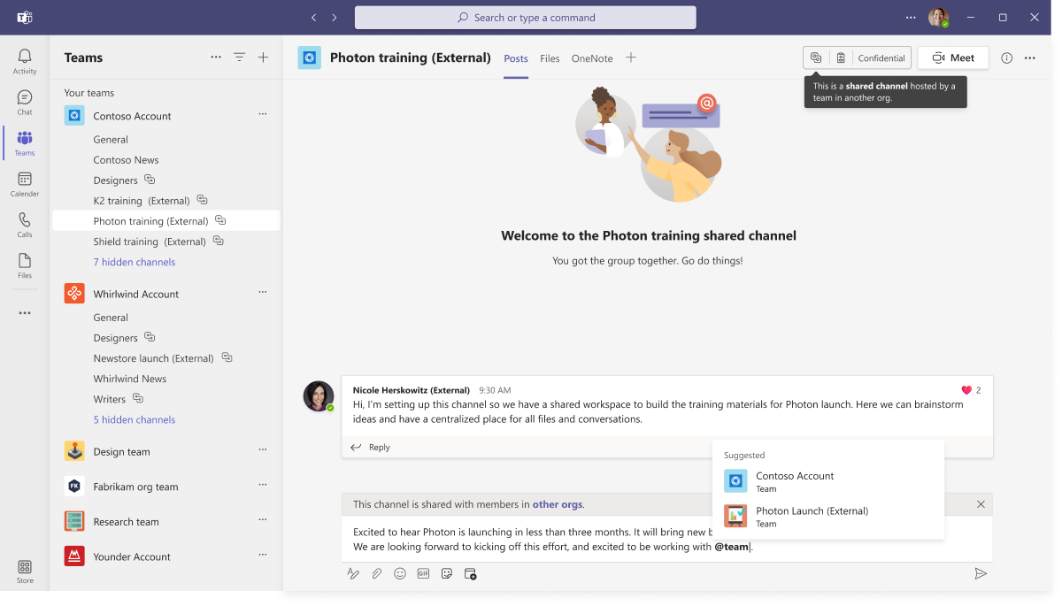 With Microsoft Teams Connect shared channels, multiple organizations can now work together as one team in a shared workspace for seamless collaboration.