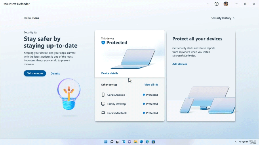 The Microsoft Defender dashboard view showing a adding a device feature.