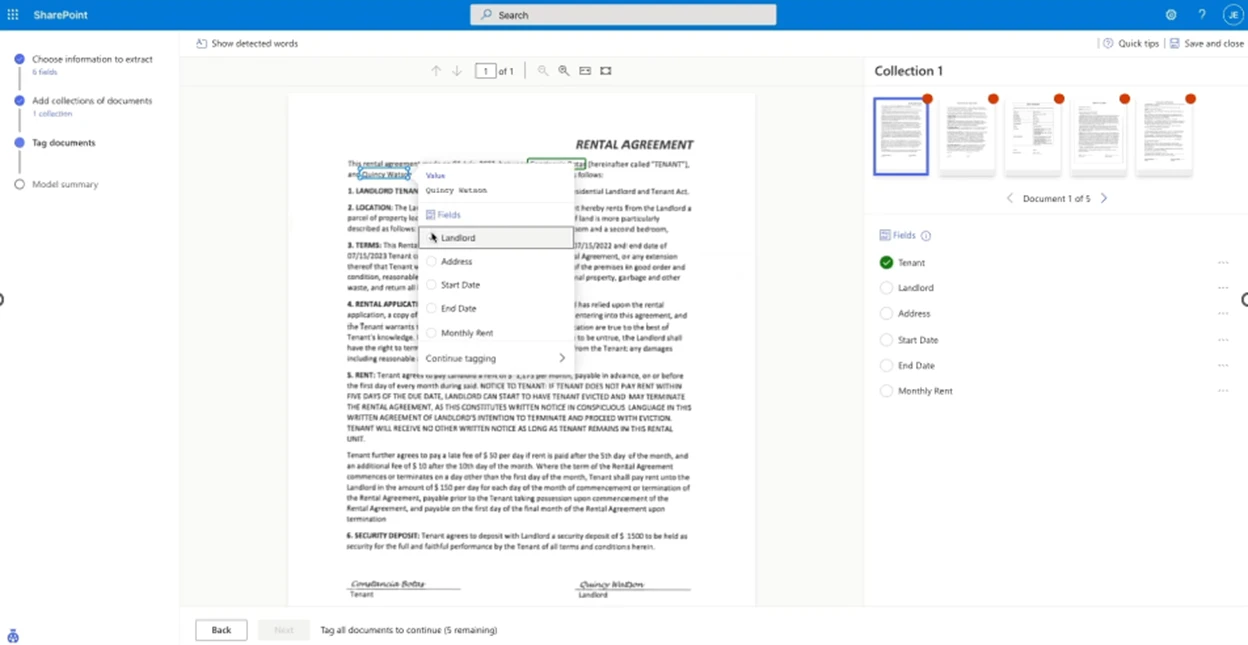 The user interface for Microsoft SharePoint. A document processing example with a Rental Agreement.