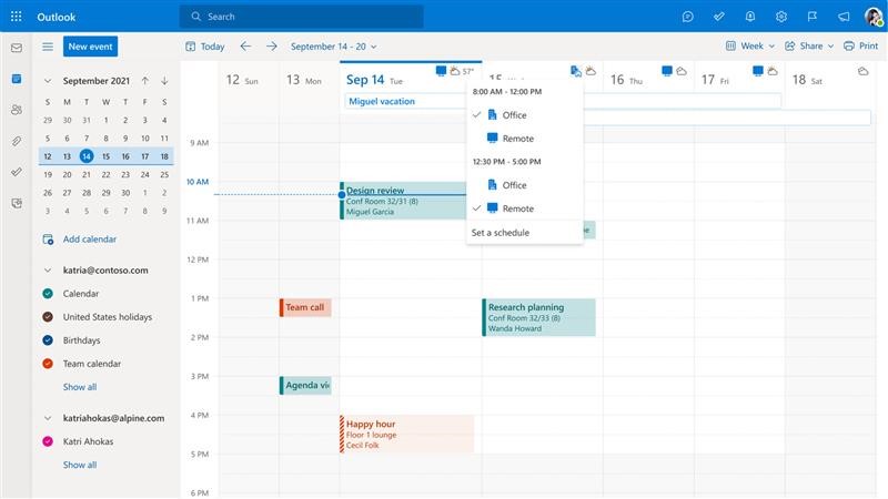 Microsoft Outlook calendar screen view. Employee utilizes hours and location feature to specify where they will be hour to hour. 