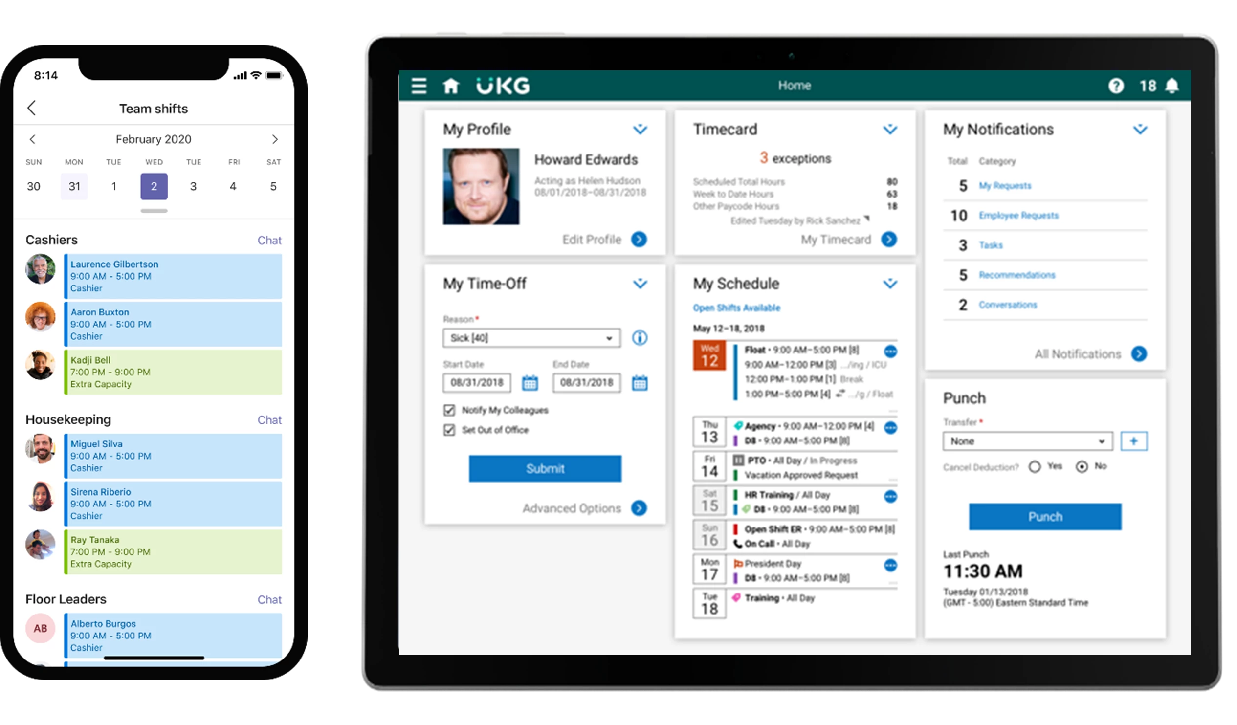 A mobile device showing Shifts in the Microsoft Teams mobile app and a tablet device showing the Teams Shifts connector for UKG Dimensions interface.