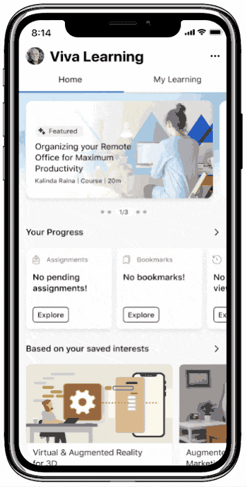 Microsoft Teams mobile app displaying the Viva Learning home page.
