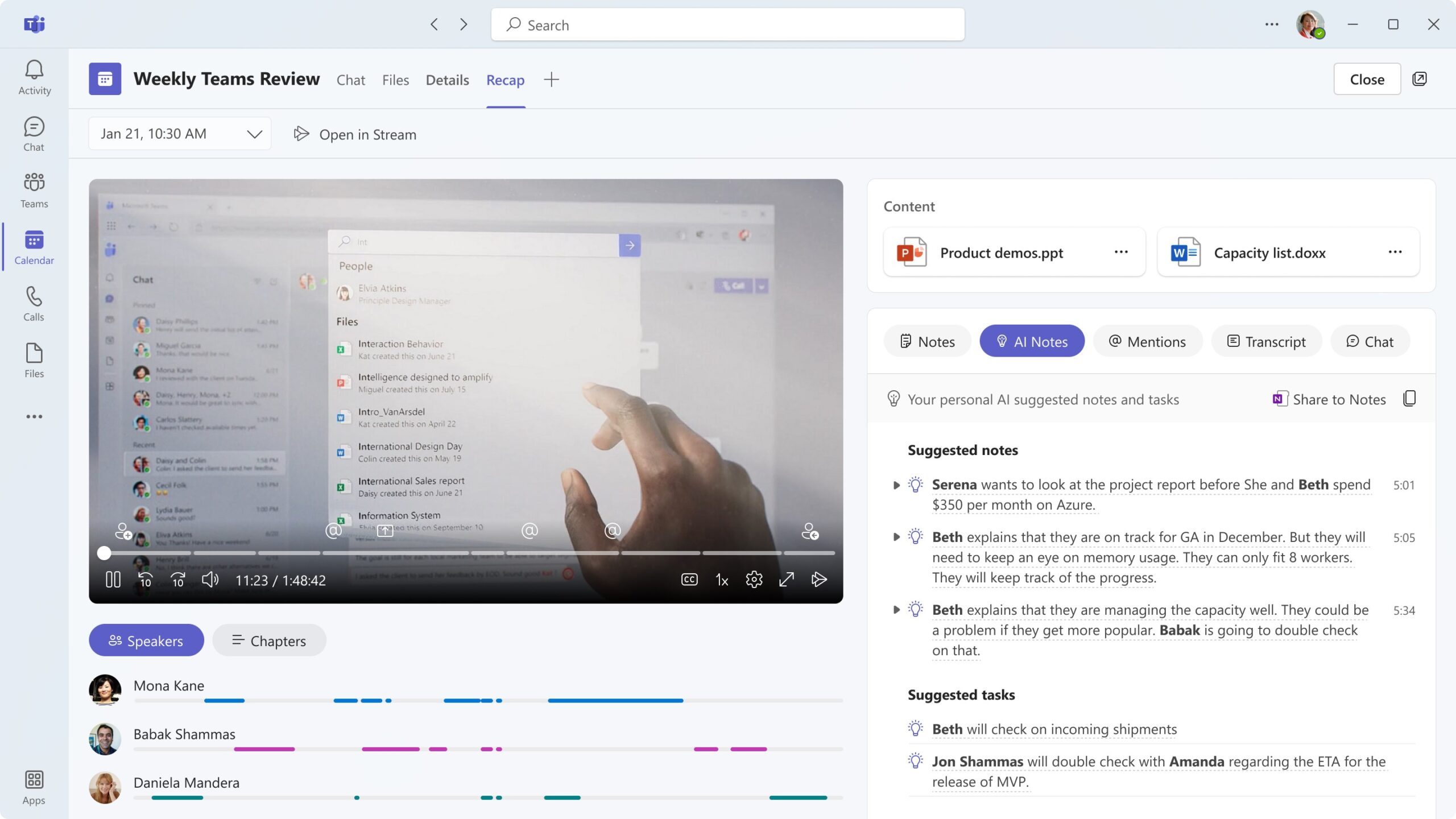 On the Microsoft Teams recap page, you see the “Weekly Teams Review” meeting recap, including the meeting recording with different chapters, the speakers with individual speaker timeline markers, and “AI Notes” showing suggested notes and tasks.