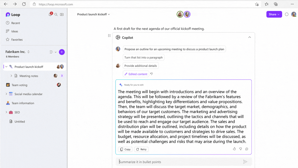 Animated demonstration of Copilot in Loop providing prompts.