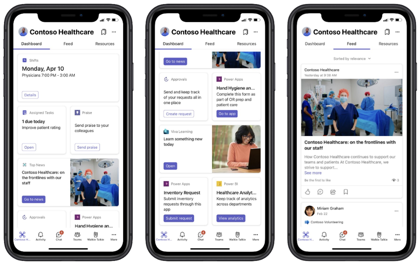 Three mobile devices showing Viva Connections dashboard and feed for Contoso Healthcare.