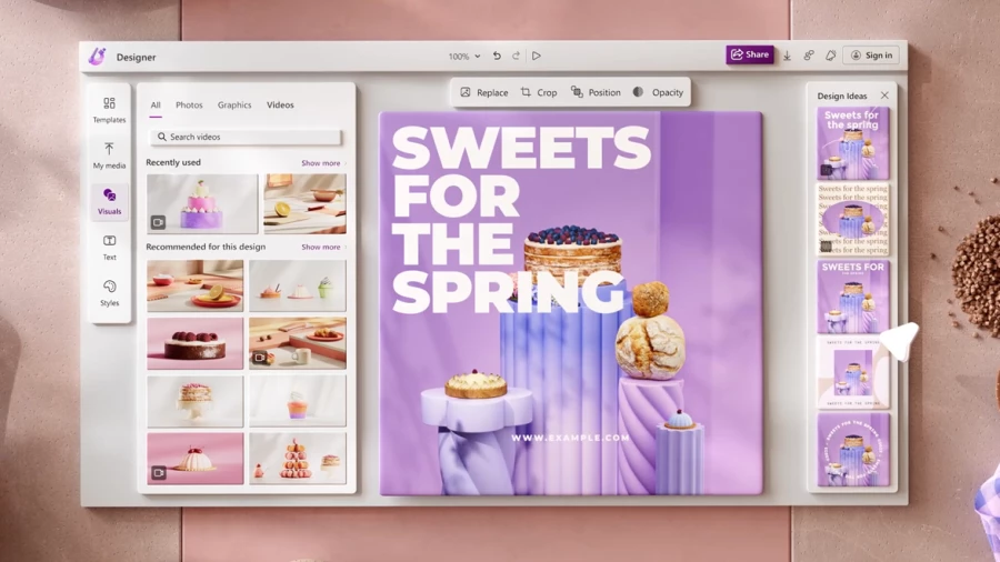 Microsoft Designer used to create a design. The main design in the center has a purple background with four desserts, each one placed on its own pedestal, and a title &ldquo;SWEETS FOR THE SPRING&rdquo; written on the top left corner in white.