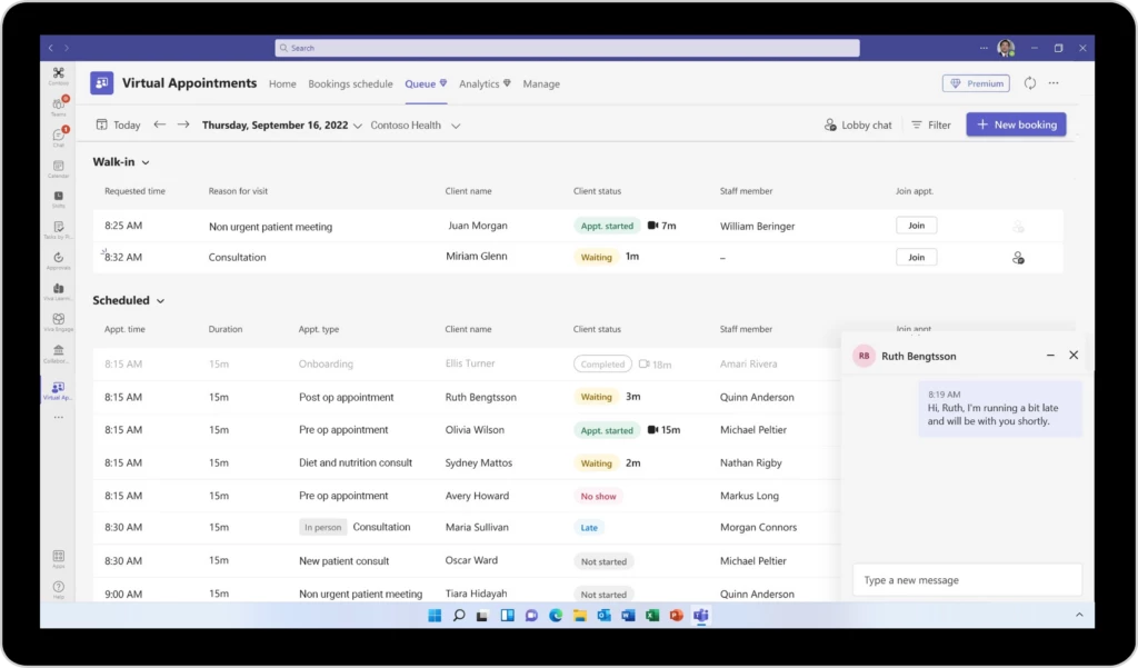 A tablet device showing the Virtual Appointments Queue for Contoso Health physicians and specialists in Microsoft Teams.