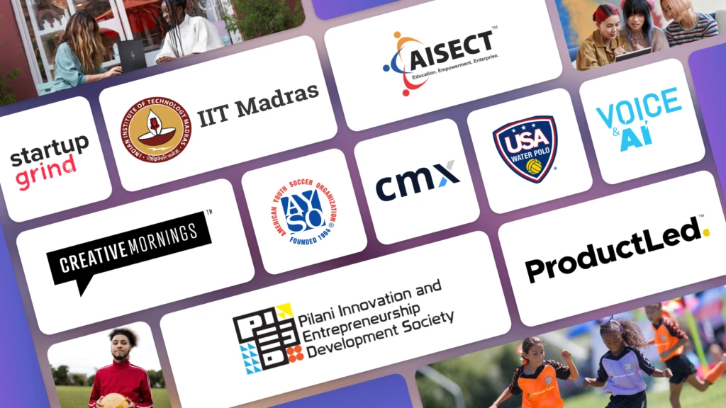 A display of 11 logos of partners using Teams: Startup grind, IIT Madras, Aisect, Creative mornings, AYSO, CMX, Voice AI, USA water polo, Pilani innovation and entrepreneurship development society, Product led.