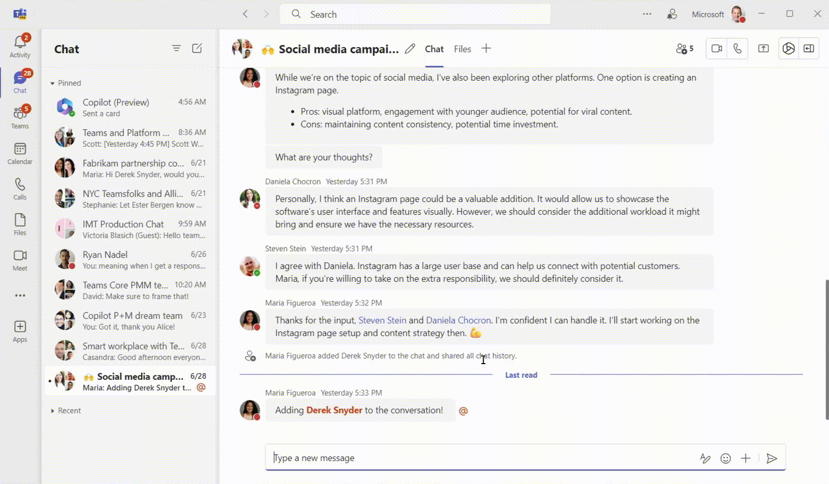 A GIF demonstrating Copilot in Teams chat summarizing a chat about a social media campaign. 