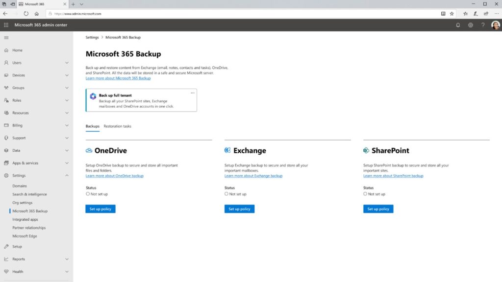 A screenshot of the Microsoft 365 Backup admin center