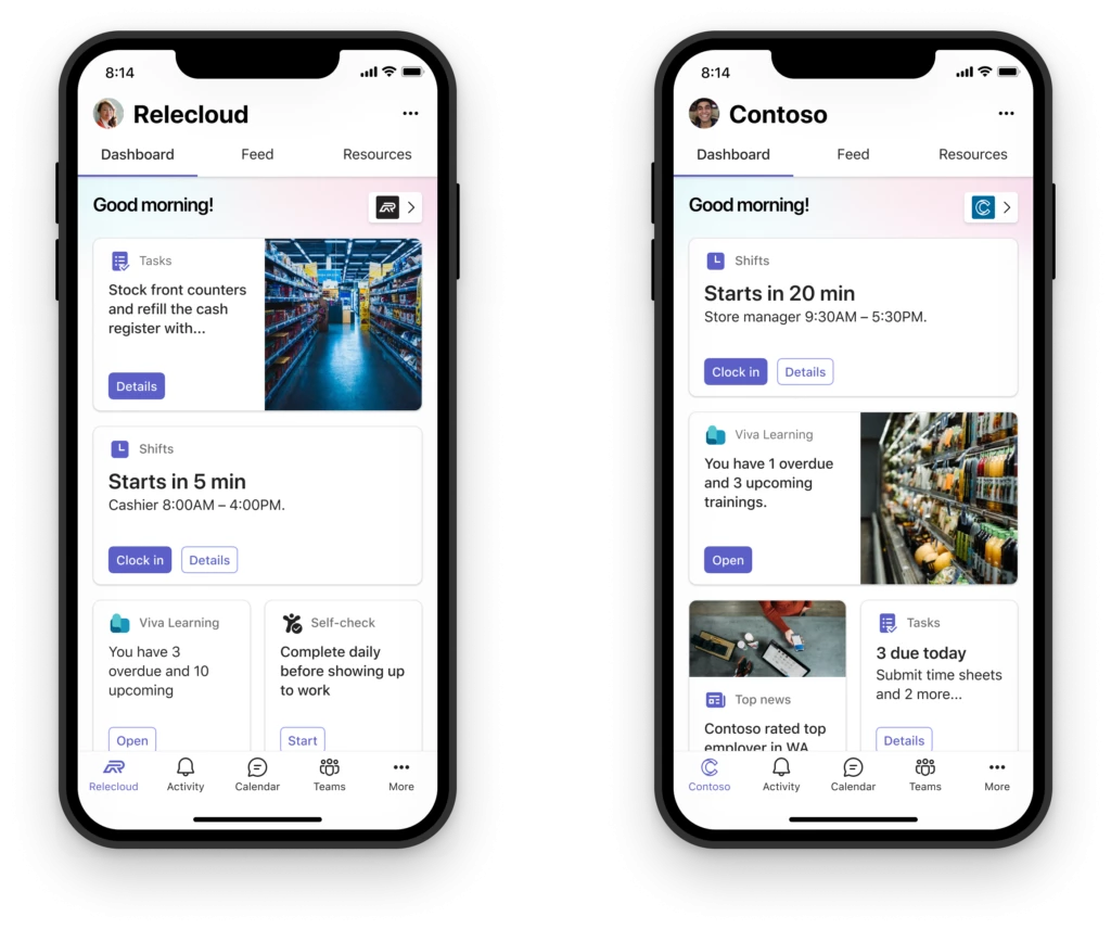 A side by side of two mobile phones. A mobile phone showing a branded Viva Connections dashboard for the Contoso brand of an organization with a customized dashboard, app icon, and name. And a mobile phone showing a branded Viva Connections dashboard for the Relecloud brand of an organization with a customized dashboard, app icon, and name.